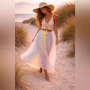 NWT,Belle France,Silk-Blend Skirt  Boho Resort Flowing Elastic-Waist,Size L